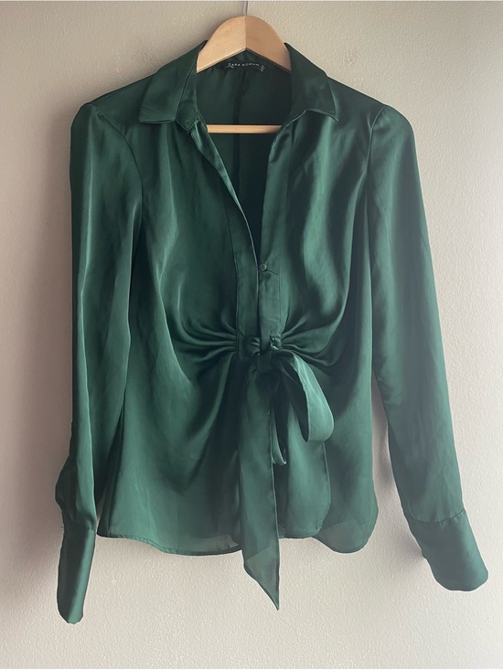 Zara Tops - Zara Forest Green Satin Tie-Front Blouse Medium